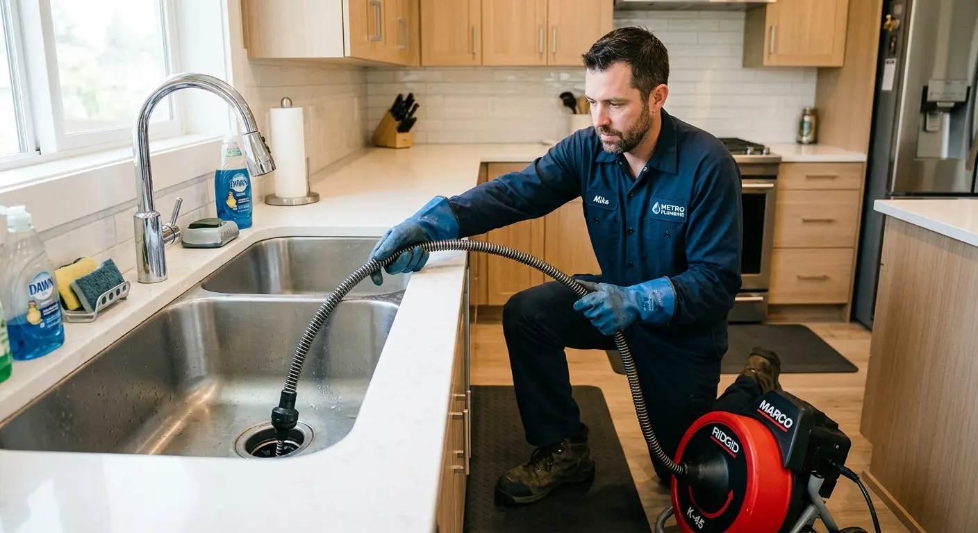 Drain cleaning technician using a motorized snake on a kitchen sink in Northbrook