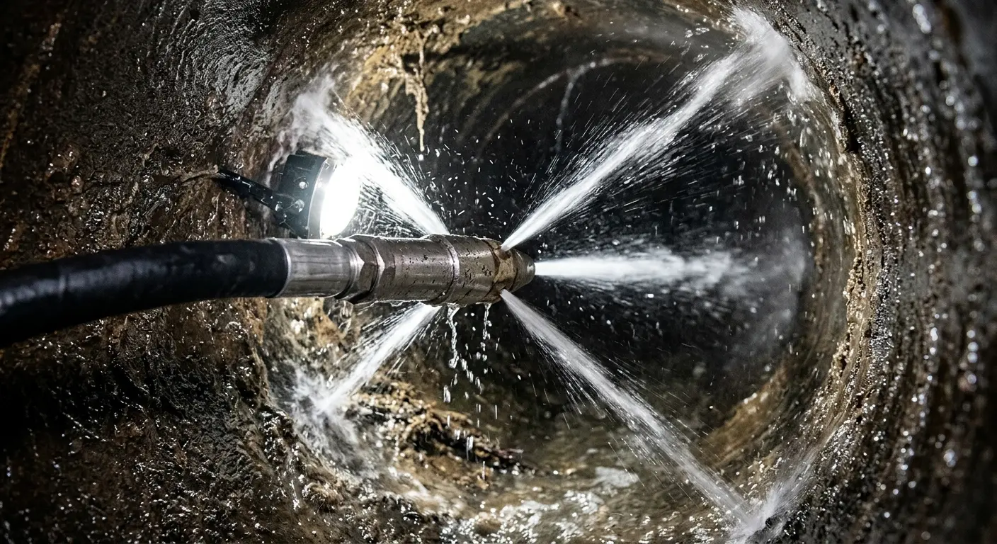 High-pressure hydro jetting nozzle cleaning sewer pipe for Sewer Cleanout in Northbrook