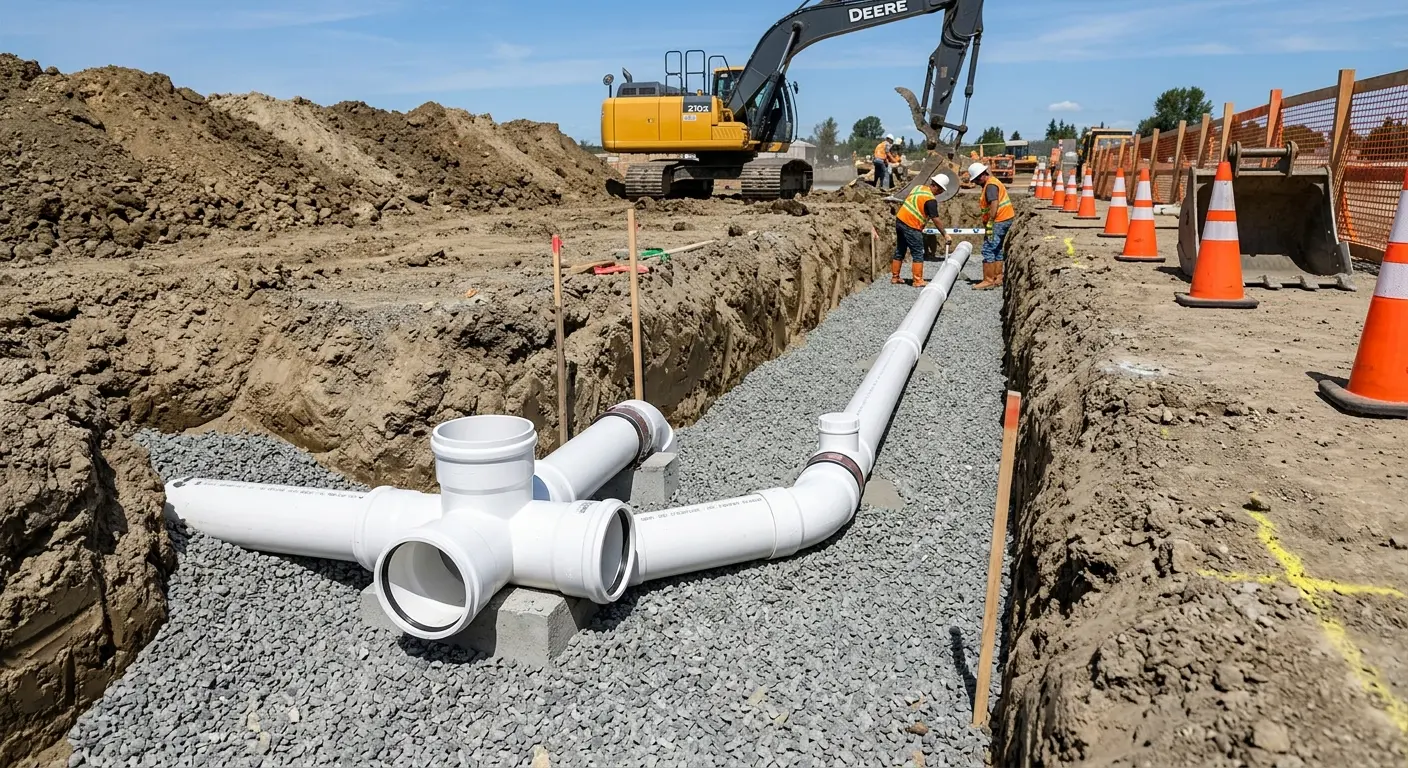 New PVC sewer pipe installation in open trench for Commercial Drain Cleaning in Northbrook