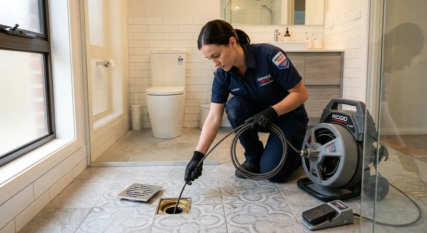 Technician clearing a bathroom floor drain for Sewer Line Replacement in Northbrook